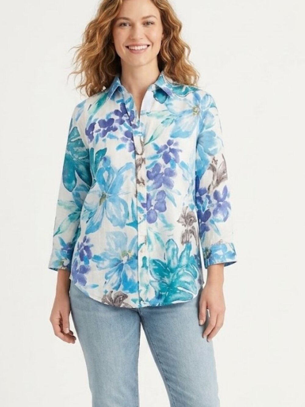 Lauren Ralph Lauren 100% Linen Blue & White Floral Print Button-Up Size XS